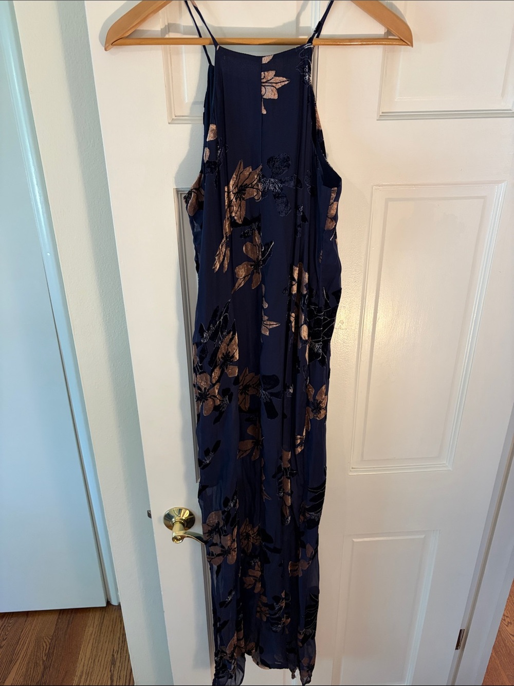 Lulu's Navy Maxi Dress with Bronze Floral Print w/ Sheer bottom - Picture 3 of 6